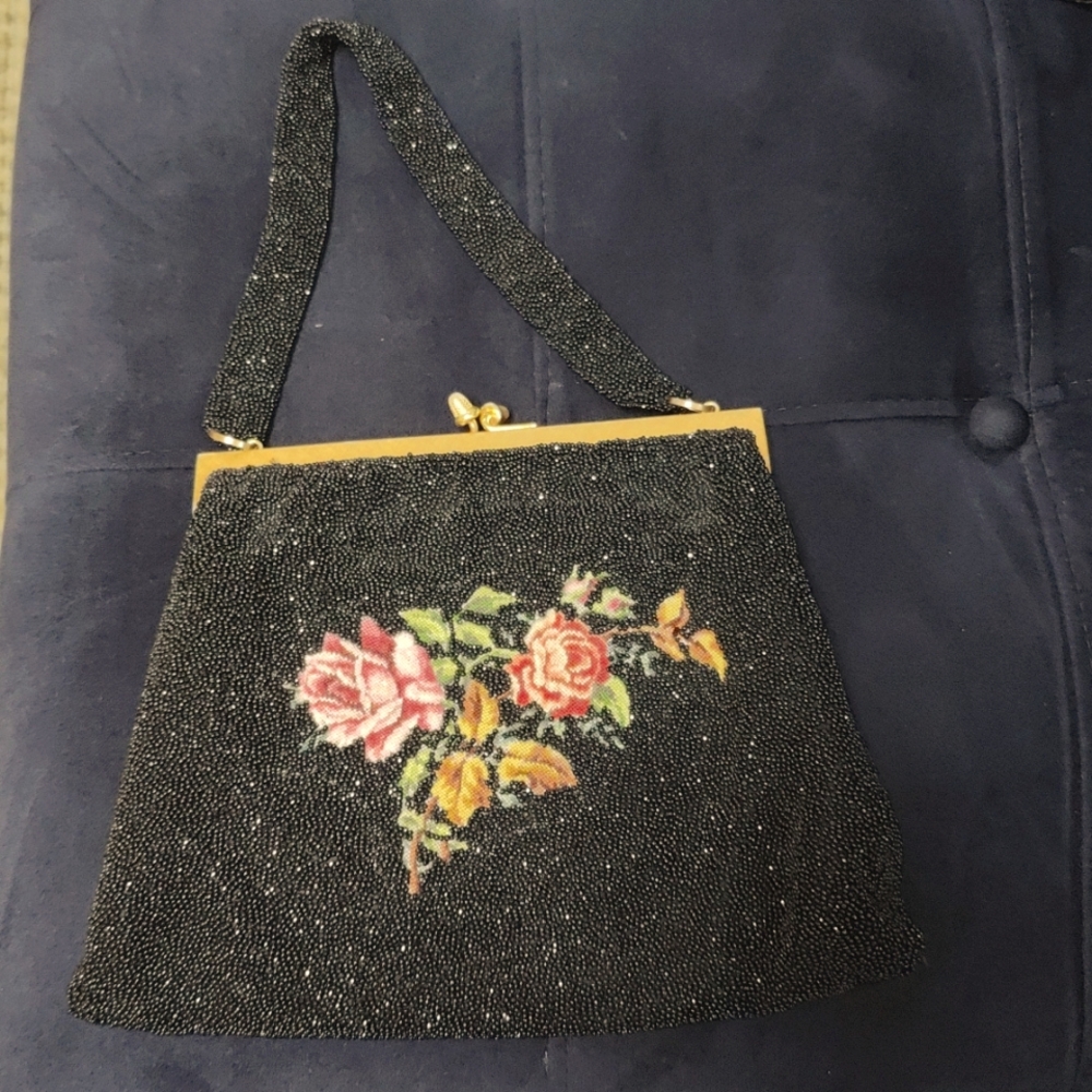 Vintage 1950s petit point evening bag, floral embroidery toggle closure